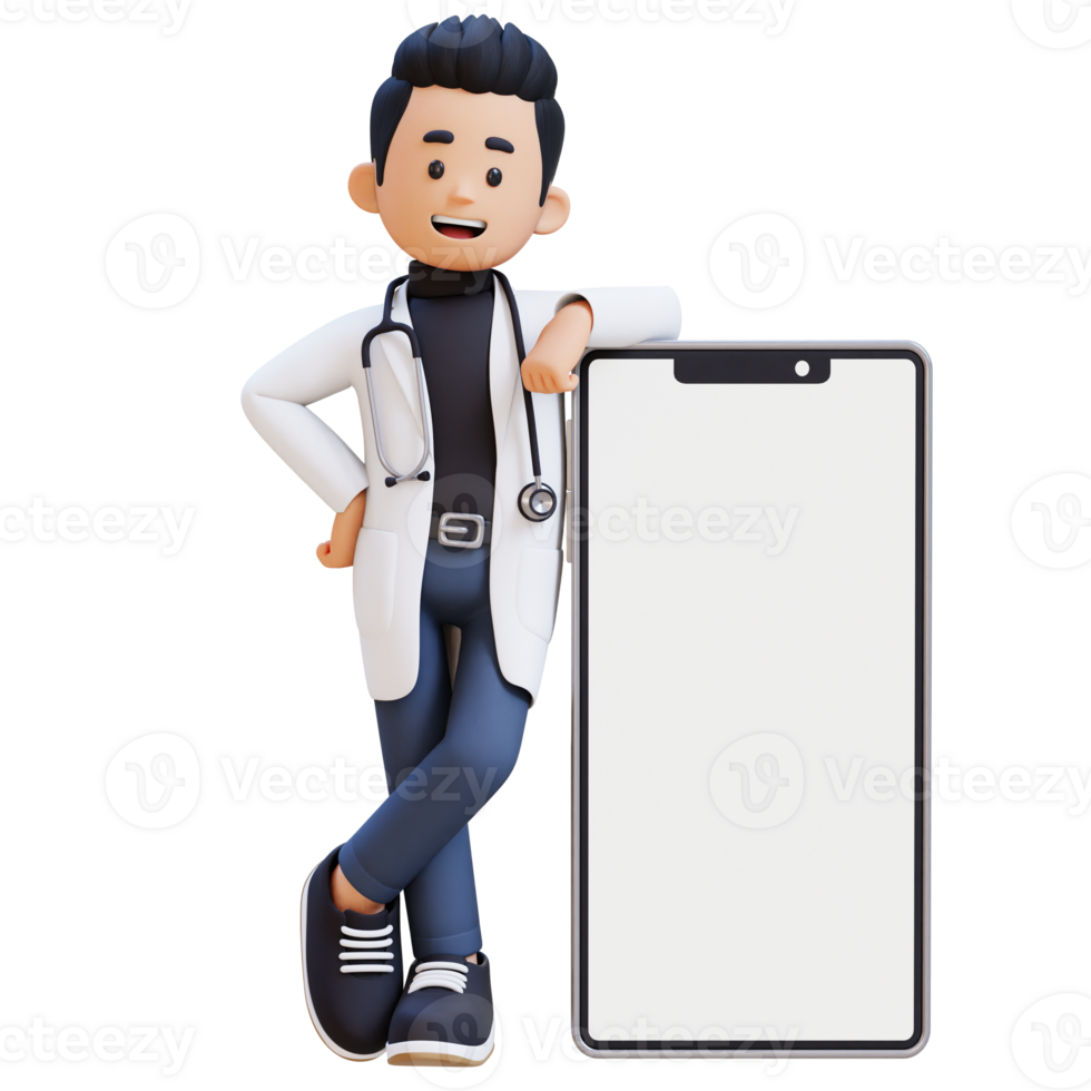 3D Doctor Character Lying on Large Empty Phone Screen. Suitable for Medical content png