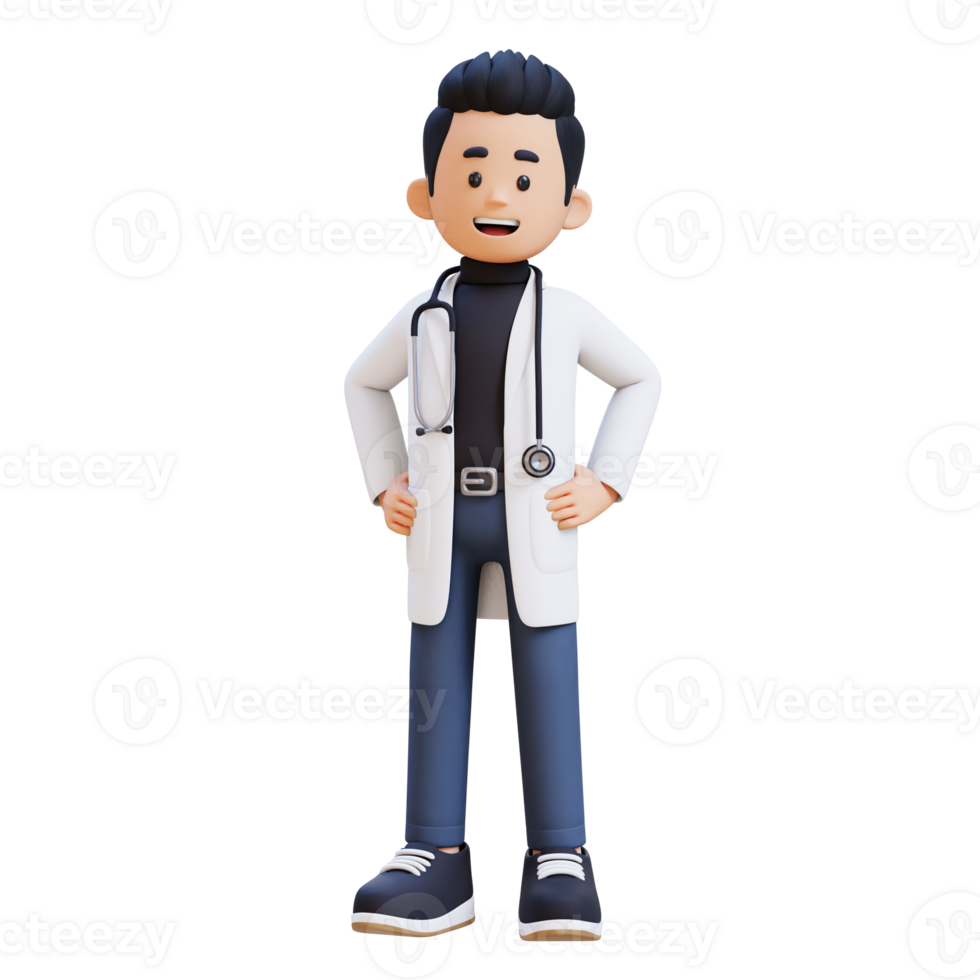 3D Doctor Character Standing with Hand on Hip. Suitable for Medical content png