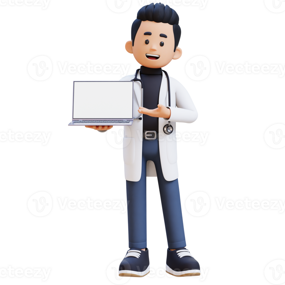 3D Doctor Character Presenting on Empty Computer Screen. Suitable for Medical content png