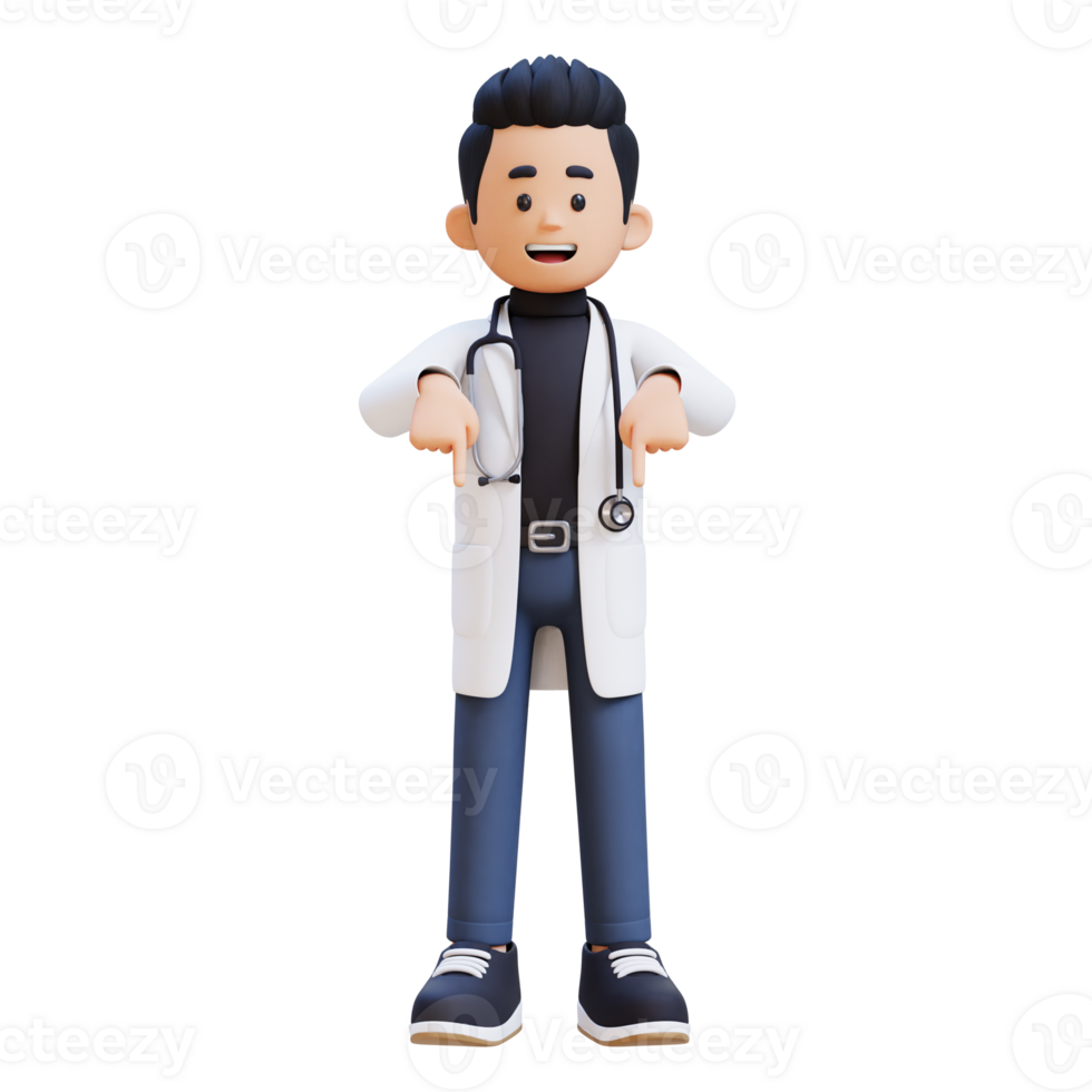 3D Doctor Character Pointing Downward. Suitable for Medical content png