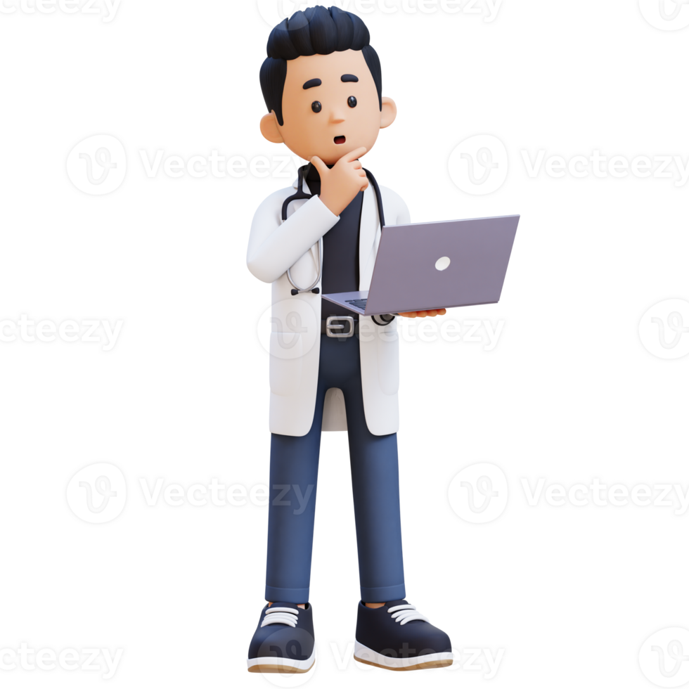 3D Doctor Character Thinking While Working on a Laptop. Suitable for Medical content png