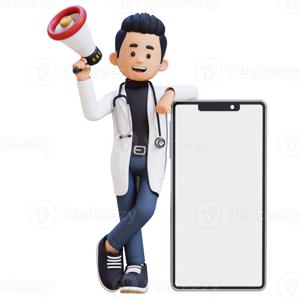 3D Doctor Character Holding Megaphone and Lying on Big Empty Phone Screen. Suitable for Medical content png
