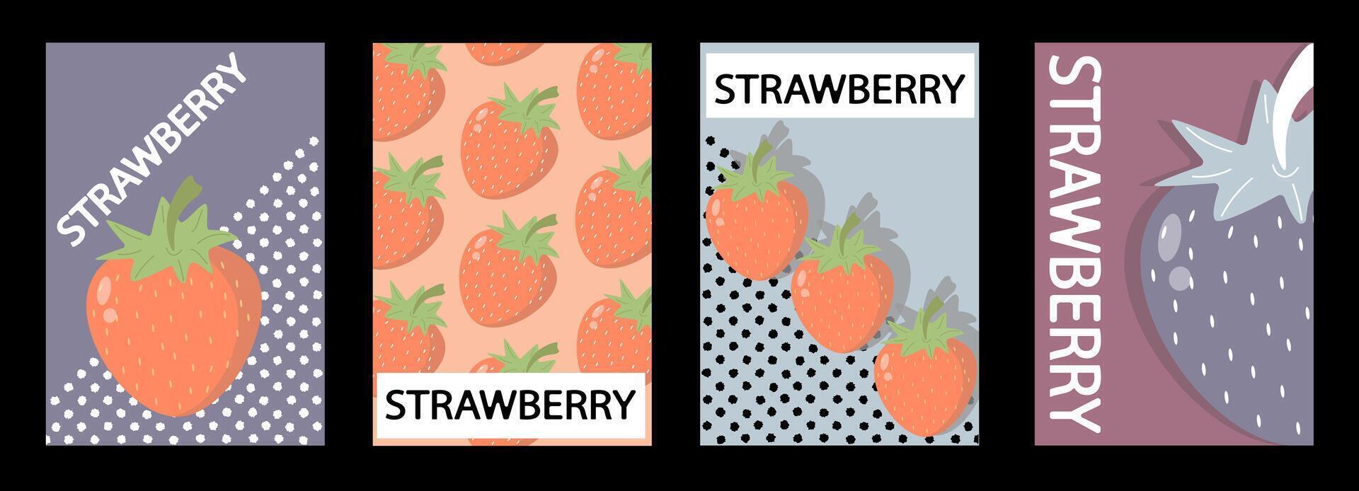 Set of labels, posters and price tags with strawberries in a bright minimalistic style. vector