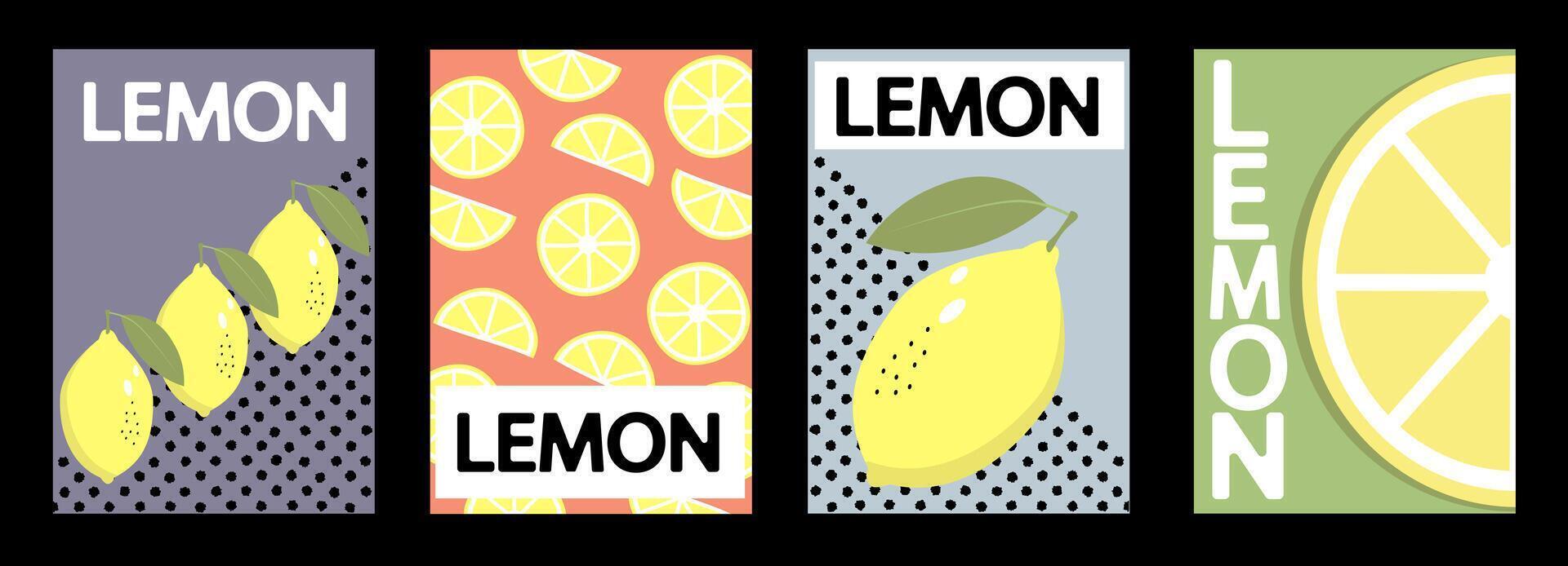 Set of labels, posters and price tags with lemon fruits in a bright minimalistic style. vector