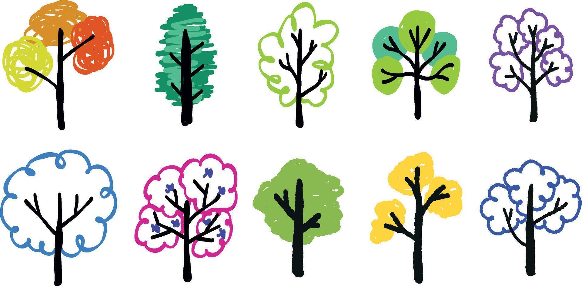 set of trees in doodle style, childish style tree, simple lines with color vector