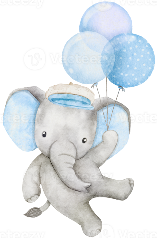 Watercolor baby elephant holding balloons. African baby animal for baby shower boy, nursery decorations png
