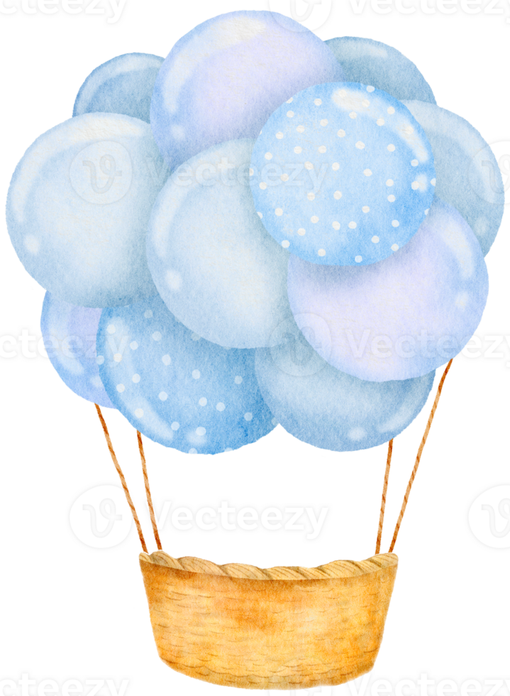 Watercolor blue hot air balloons for baby shower boy, nursery decorations png