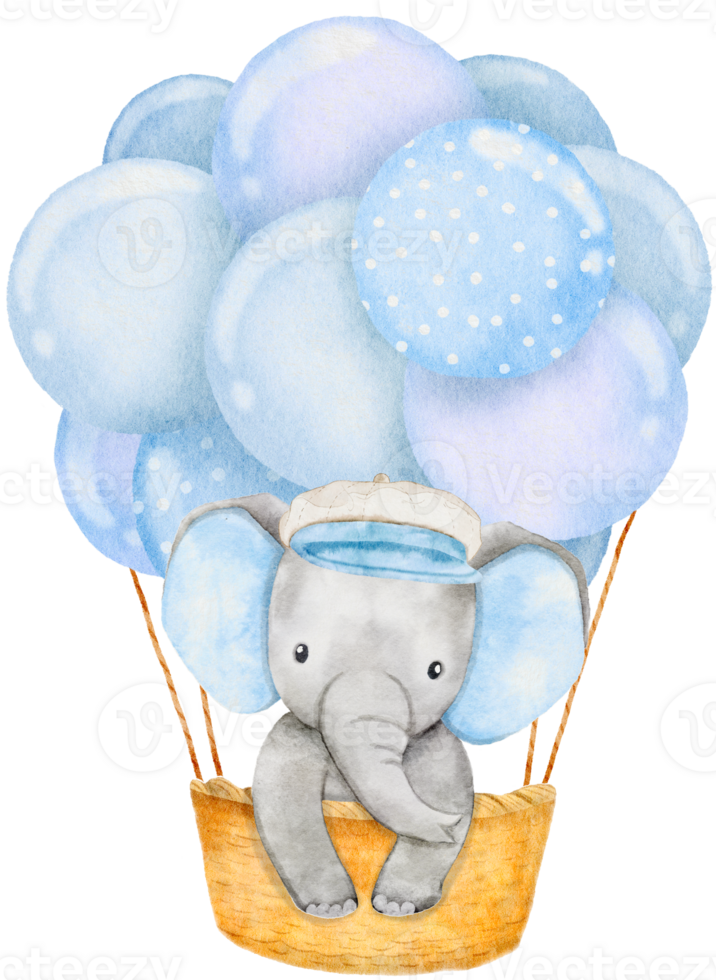 Watercolor baby elephant standing in hot air balloons. African baby animal for baby shower boy, nursery decorations png