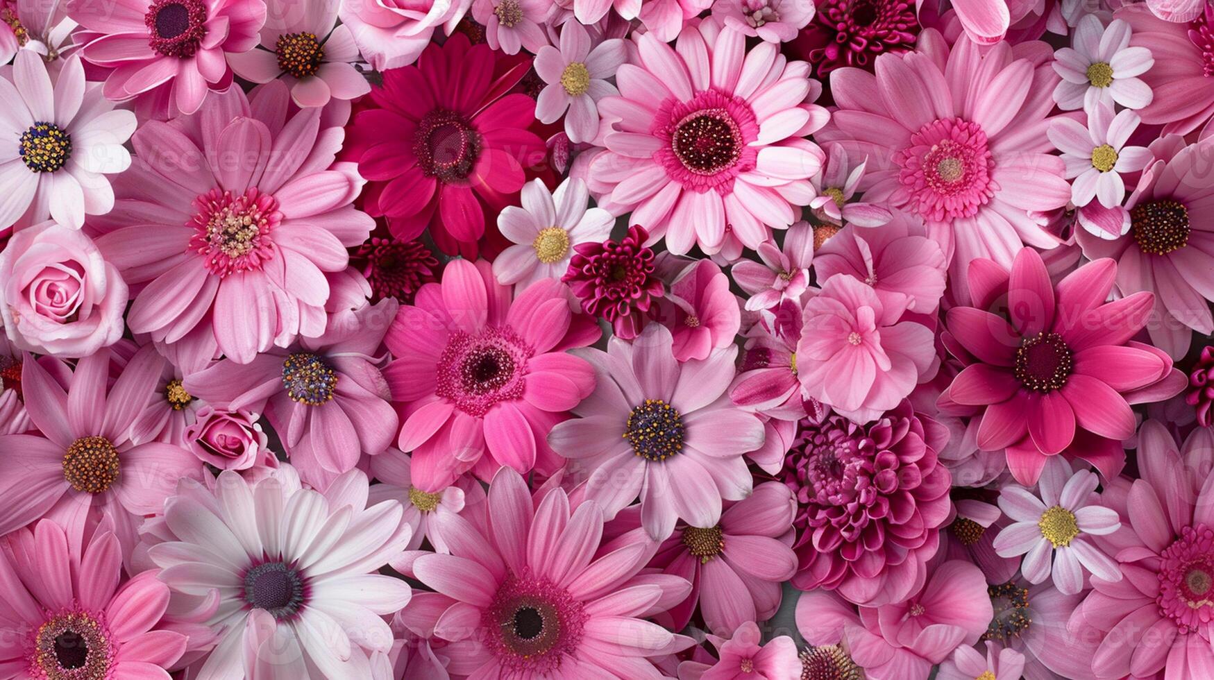Floral background. Variety of garden flowers in bright pink colour. photo