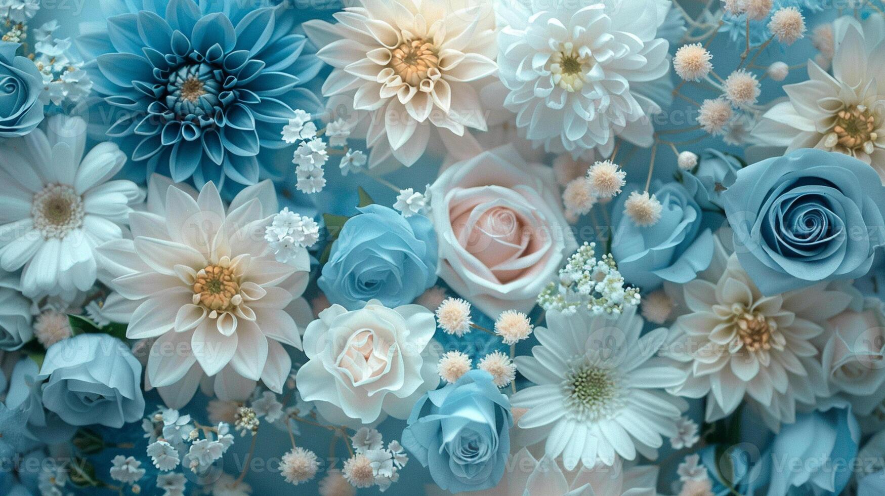 Floral background. Variety of garden flowers in light blue colour. photo