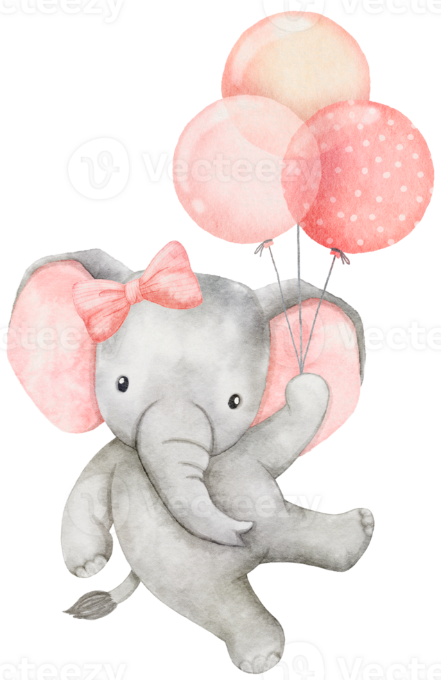 Watercolor baby elephant holding balloons. African baby animal for baby shower girl, nursery decorations png