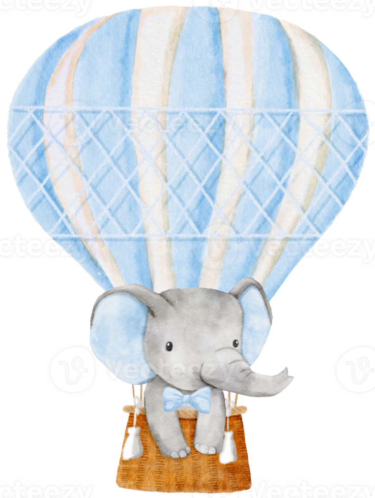 Watercolor baby elephant standing in hot air balloons and wearing a bow tie. African baby animal for baby shower boy, nursery decorations png