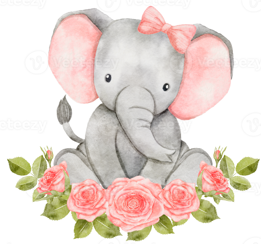 aguarela bebê elefante sentado dentro flores guirlanda. africano bebê animal para bebê chuveiro garota, berçário decorações png