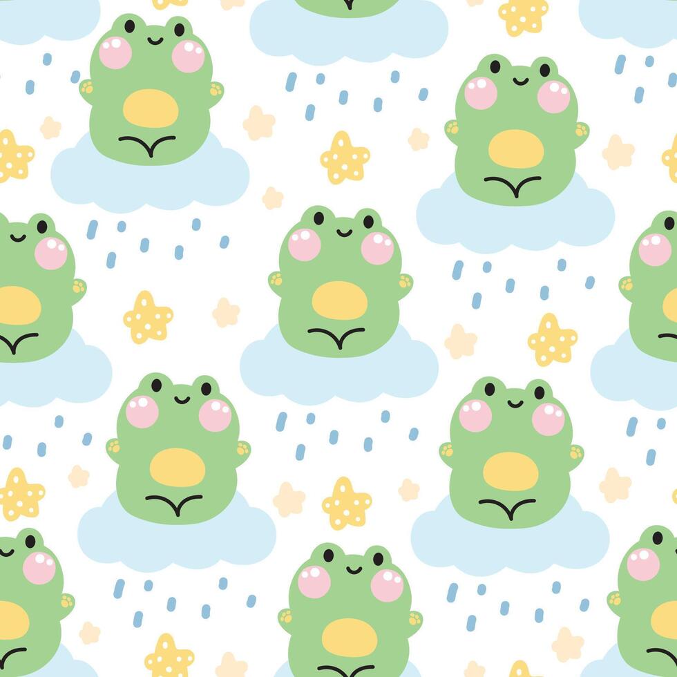 Seamless pattern of cute frog sit on cloud rainy with star on white background.Reptile animal character cartoon design.Image for card,poster,baby cothing.Sky.Kawaii.Illustration. vector
