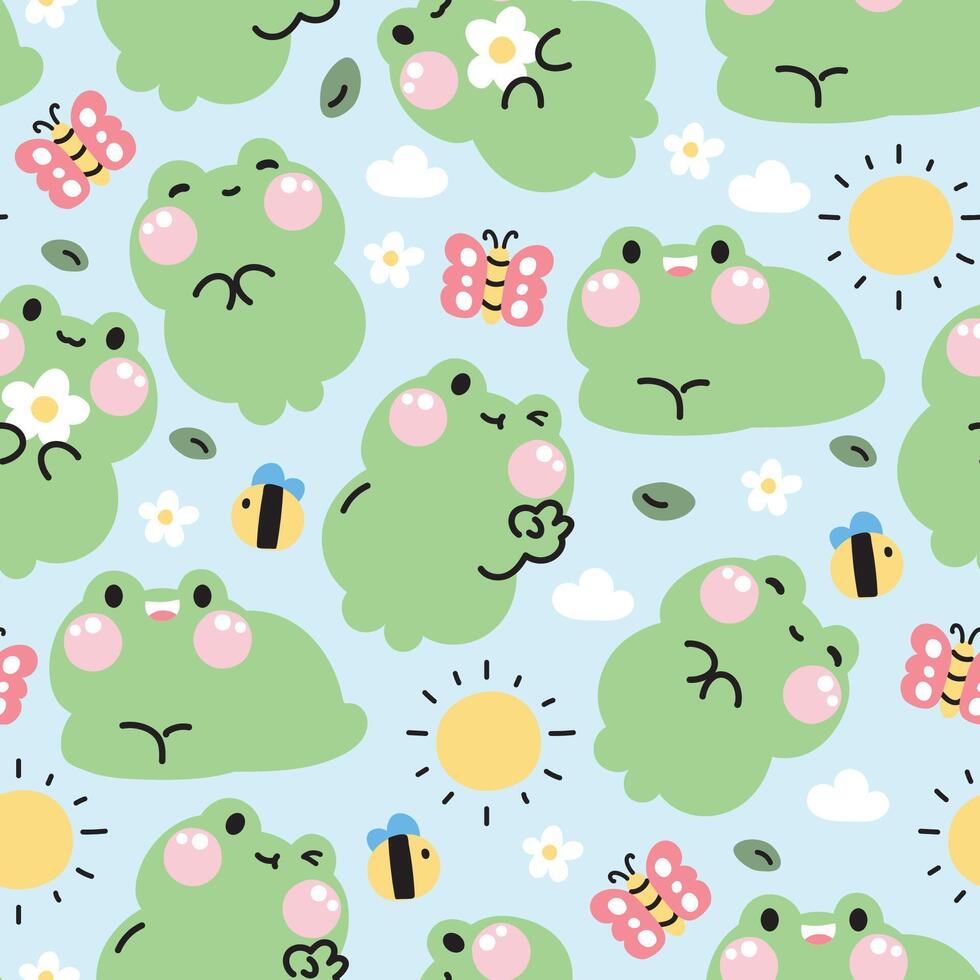 Seamless pattern of cute frog in various poses with icon on pastel background.Reptile animal character cartoon design.Sun,butterfly,flower,leaf,nature,cloud,bee.Kawaii.Illustration. vector