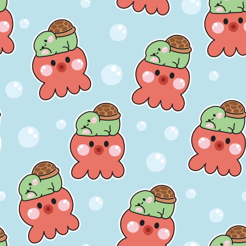 Seamless pattern of cute turtle lay on octopus ocean background.Summer.Underwater.Reptile animal character cartoon design.Image for card,sticker,baby clothing.Kawaii.Illustration. vector