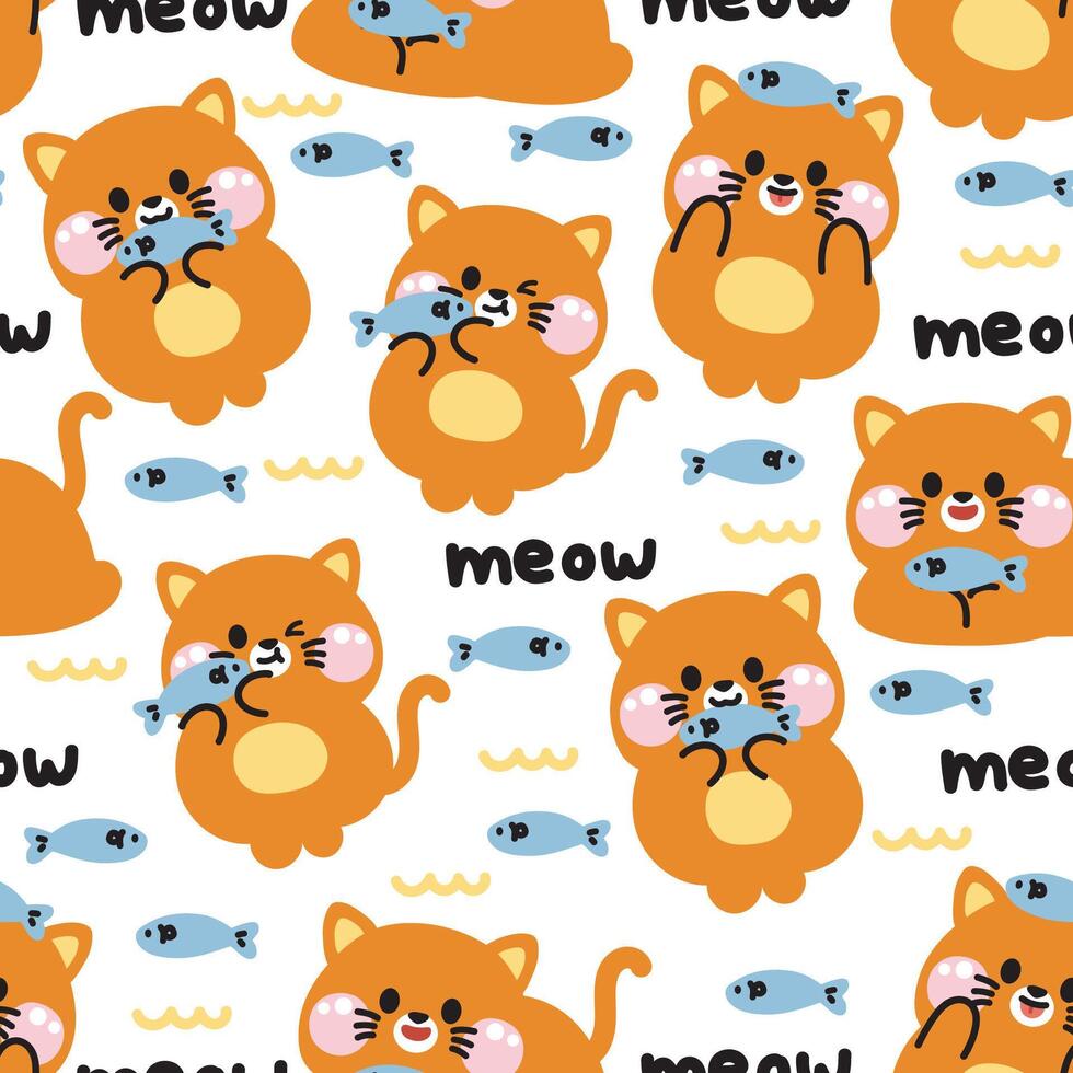 Seamless pattern of cute cat in various poses with fish on white background.Pet animal character cartoon design.Image for card,poster,baby clothing.Meow lover.Valentines day.Kawaii.Illustration vector