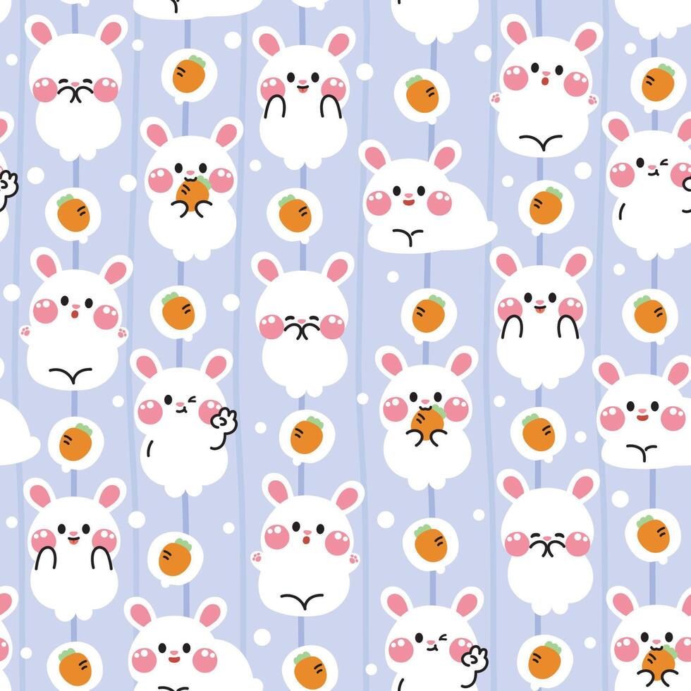 Seamless pattern of cute rabbit various poses with carrot on pastel background.Rodent bunny animal character cartoon design.Easter.Image for card,poster,sticker.Kawaii.Illustration. vector