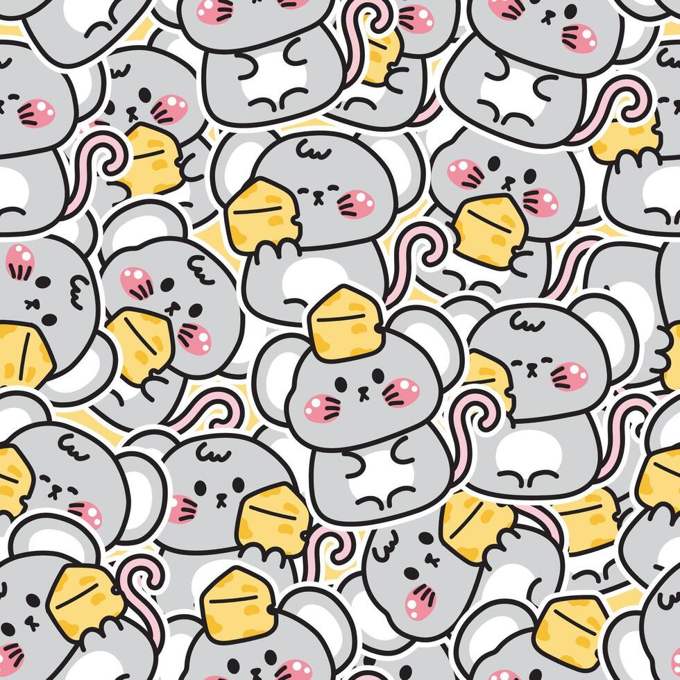 Seamless pattern of cute rat with cheese in various poses sticker background.Mouses hand drawn.Rodent animal character cartoon design.Kawaii.Illustration. vector