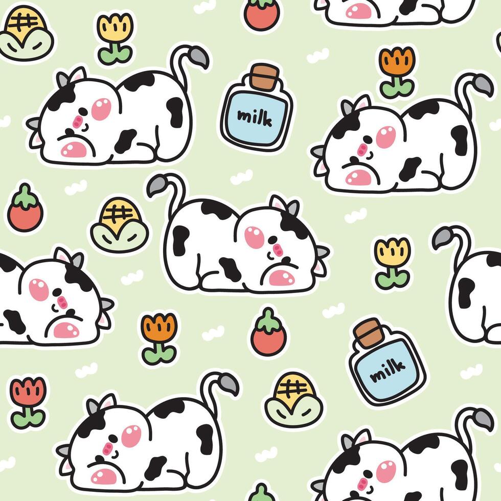 Seamless pattern of cute cow lay on pastel background.Milk,flower,tomato.Farm animal character cartoon design.Image for card,poster,baby clothing.Kawaii.Illustration. vector