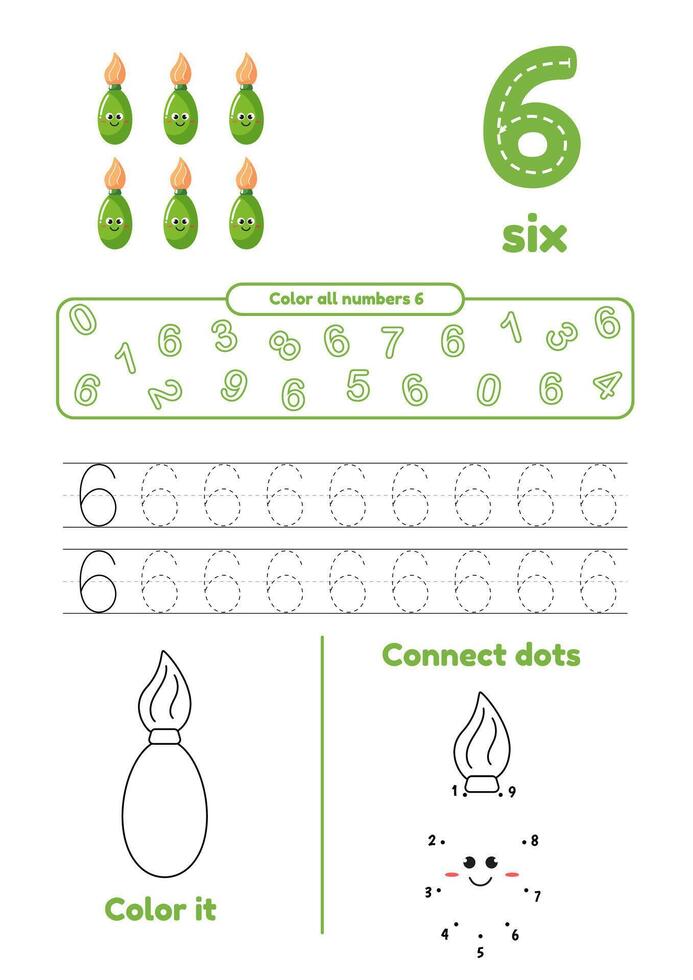 Color page, dot to dot, trace on one page for kids education. Learning number six vector