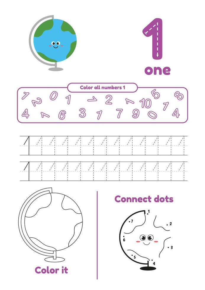 Educational games on one page for kids. Color page, dot to dot, trace. Learn number 1 vector