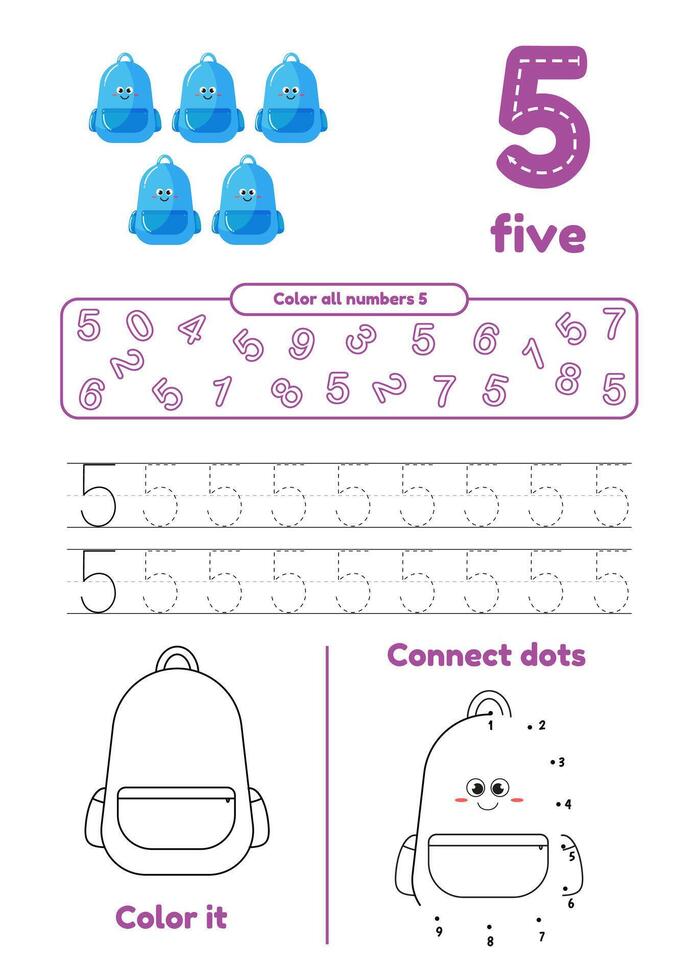 Color page, dot to dot, trace on one page for kids education. Learning number five vector
