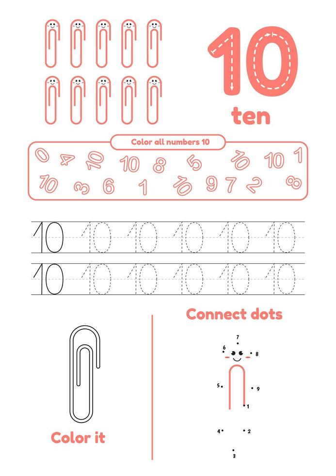Educational games on one page for kids. Color page, dot to dot, trace. Learn number 10 vector
