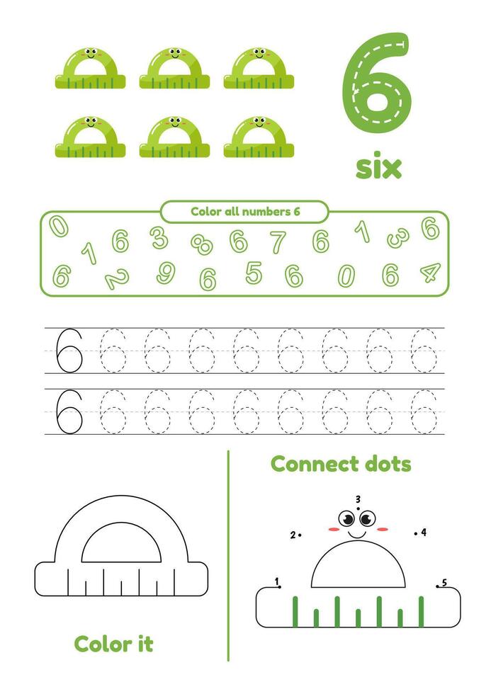 Educational worksheet with color school supplies, dot to dot, trace for kids. Learn number 6 vector