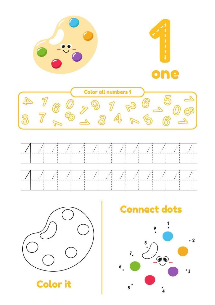 Educational worksheet with color object, dot to dot, trace for kids. Learn number 1 vector