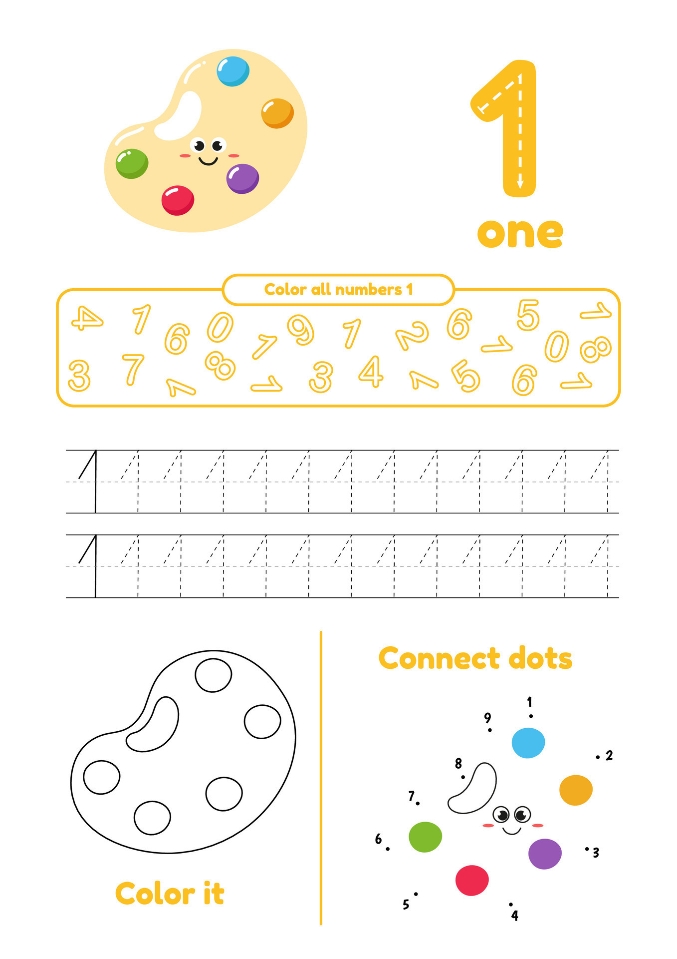 Educational worksheet with color object, dot to dot, trace for kids