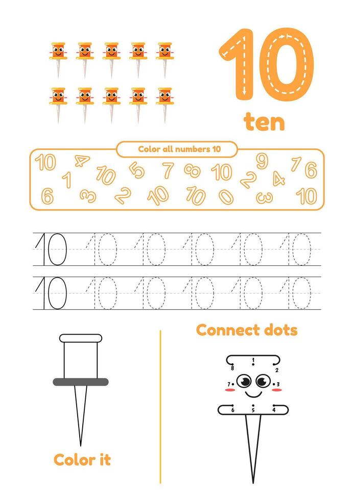 Educational worksheet with color school supplies, dot to dot, trace for kids. Learn number 10 vector