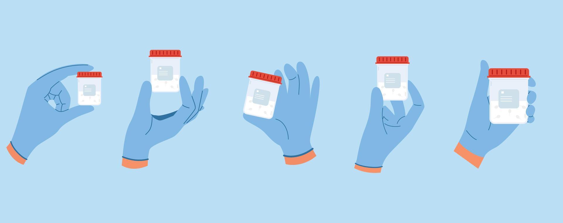 Set of illustrations with doctor hand in blue gloves hold semen analysis in plastic container vector