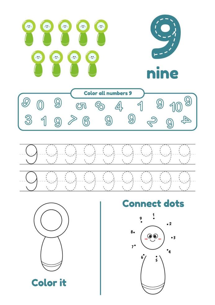 Educational games on one page for kids. Color page, dot to dot, trace. Learn number 9 vector
