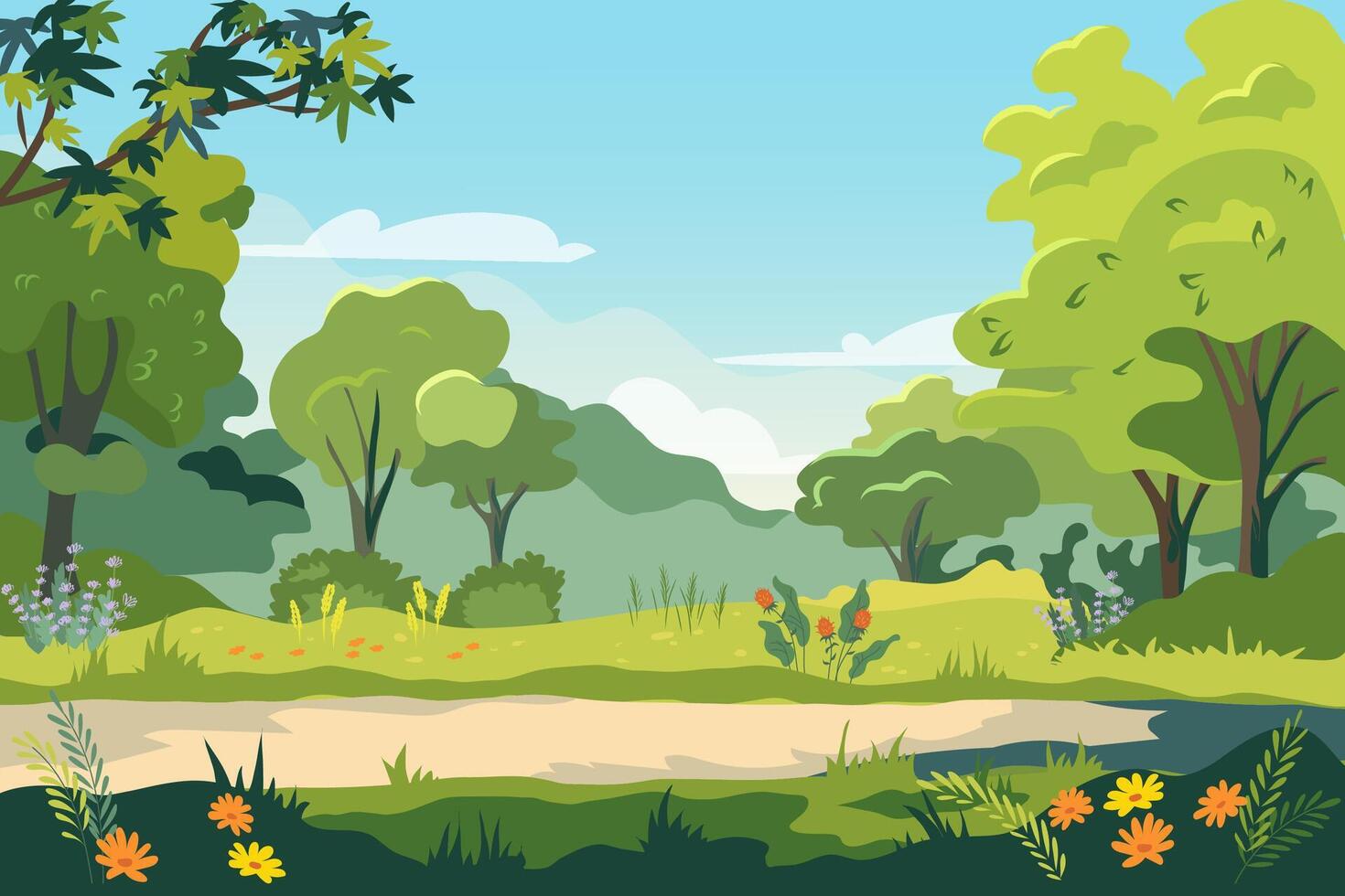 Public garden in the City. Panoramic view of summer city park with green trees, flowers, grass. illustration cartoon landscape with empty park vector