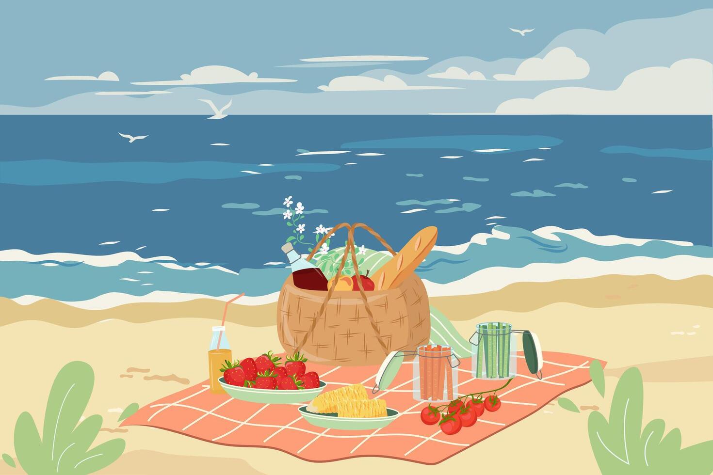 Summer beach picnic banner with straw basket full of delicious. horizontal panoramic view with hamper for food and blanket on background of the sea. Seashore family party invitation. vector