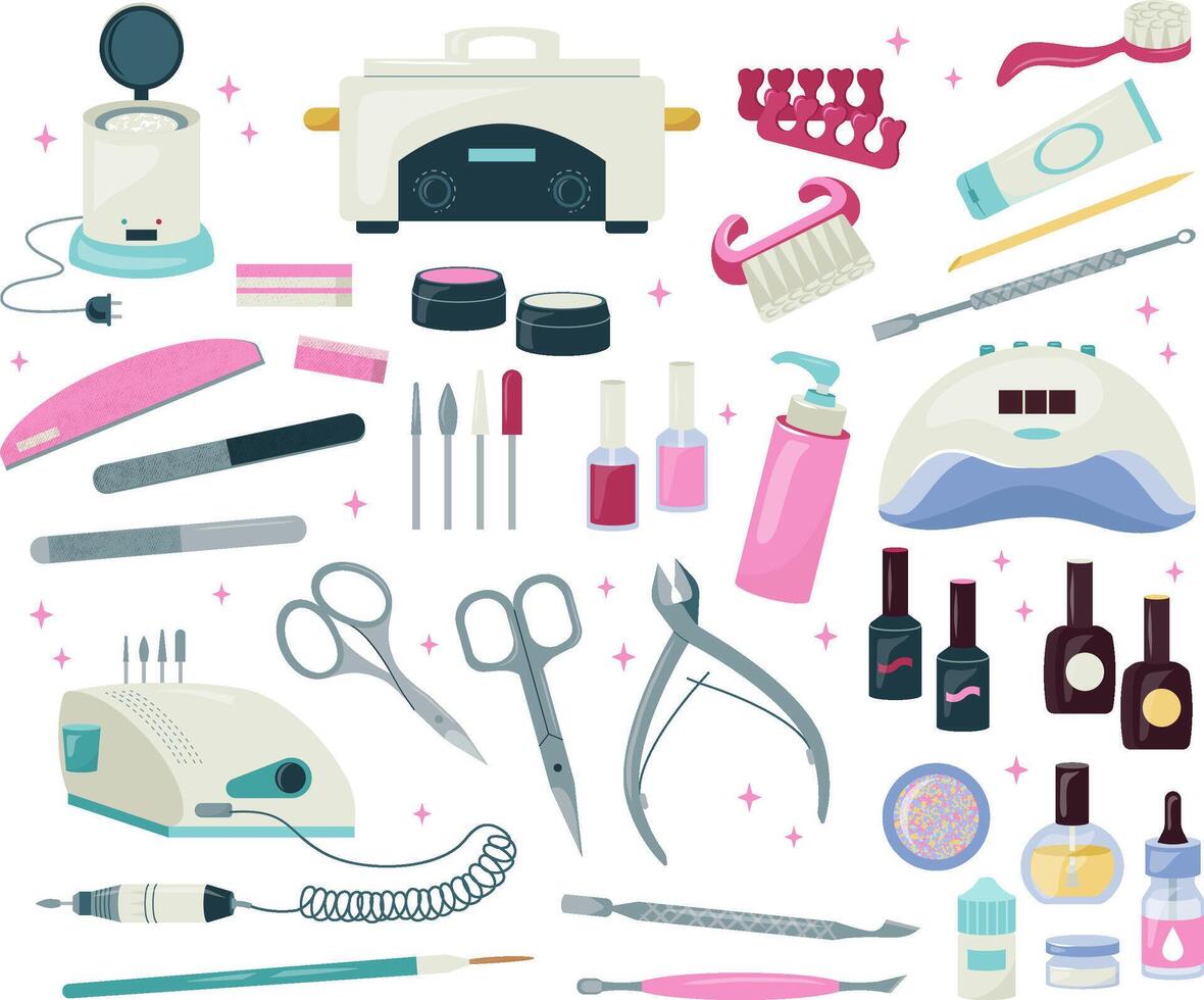 Large set of manicure, pedicure design elements. Professional tools kit for nails care scissors,nail polish, file, hand cream, electric drill, UV lamp, cuticle nipper. flat templates beauty set vector