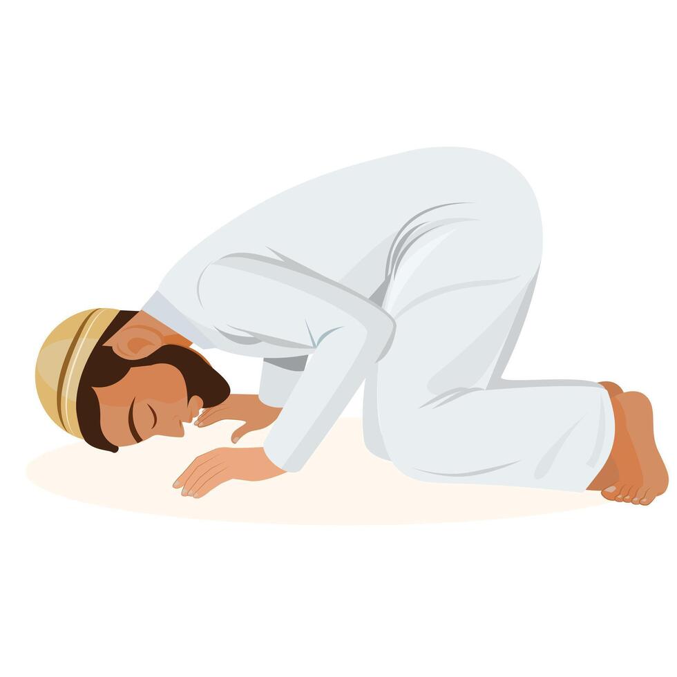 Muslim man praying namaz at home vector
