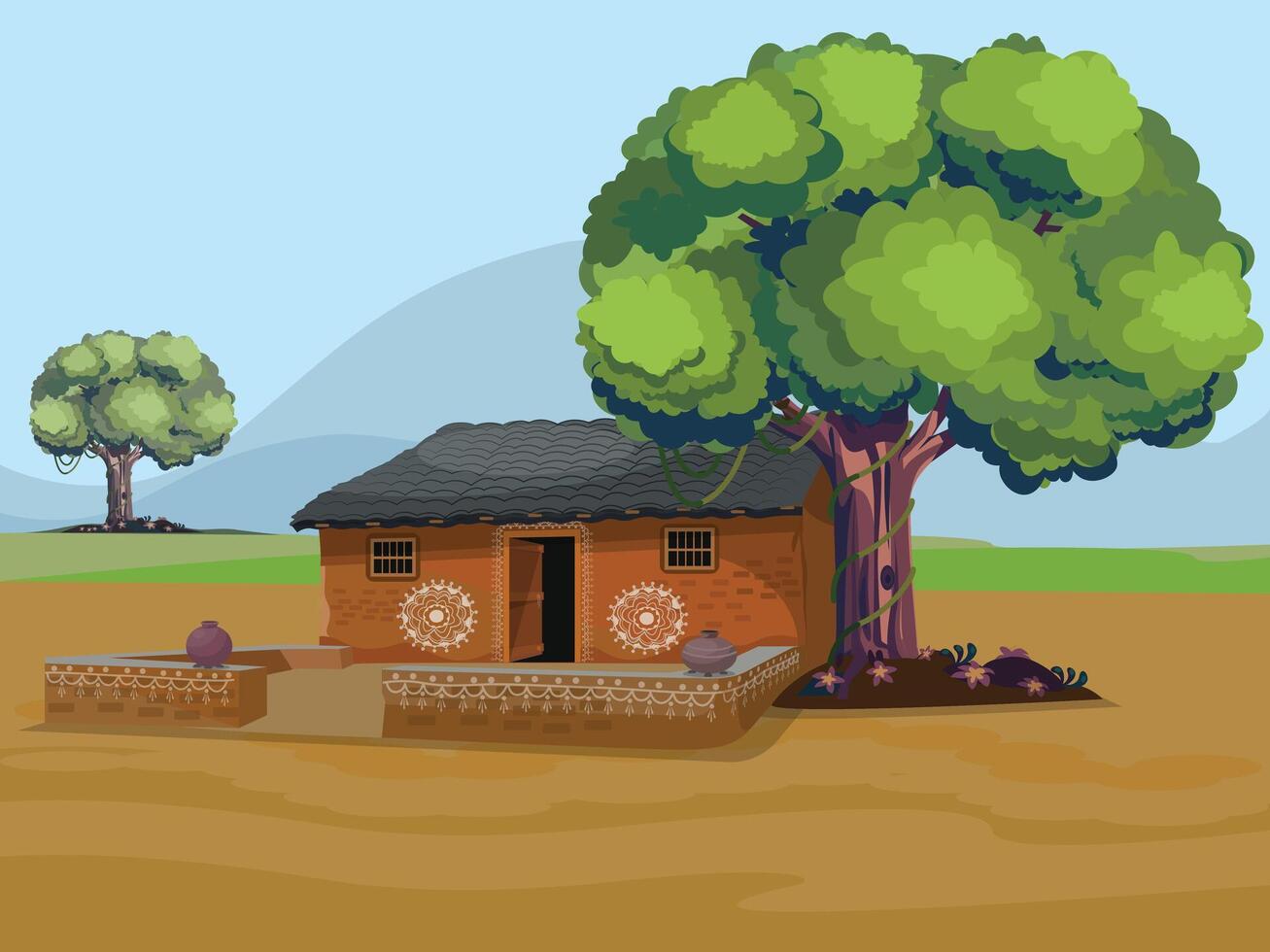 Indian village old house living area with the house. Indian farmer's house. vector