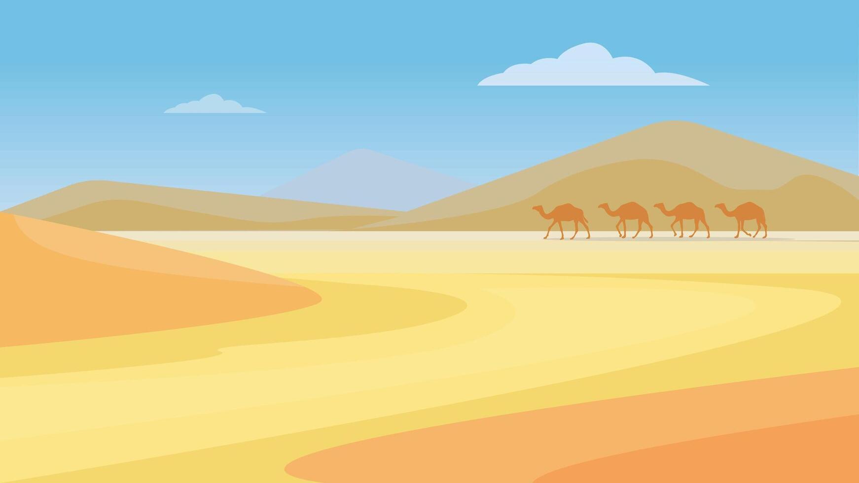 walking through the desert, journey with camels through the desert vector
