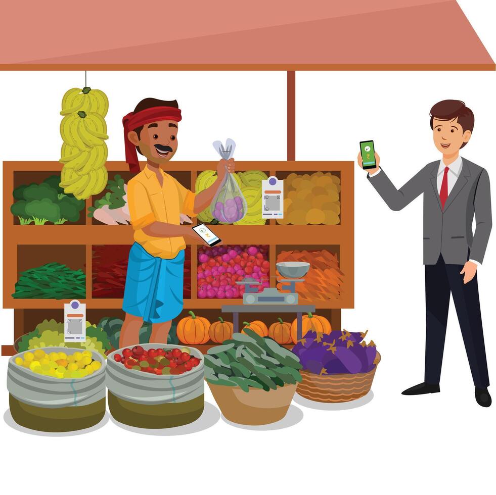 Indian-Vegetable-Vendor, selling vegetables using UPI vector