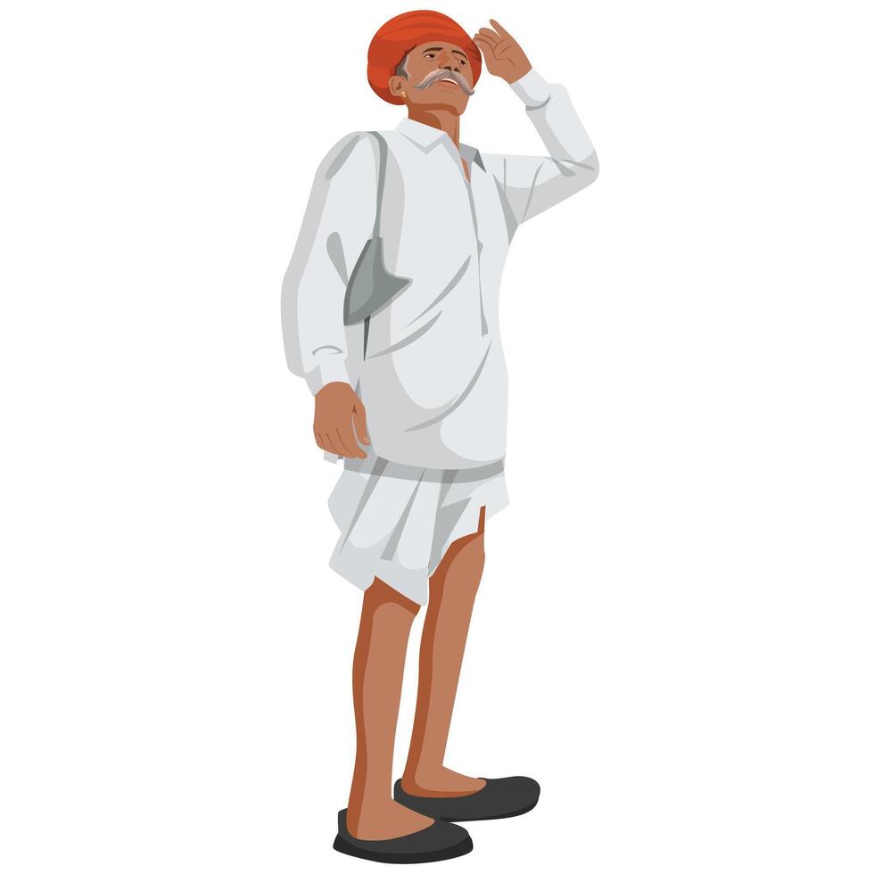 Worried Indian Farmer Looking Up On Sky For Rain To Harvest Or Crop Cultivation vector