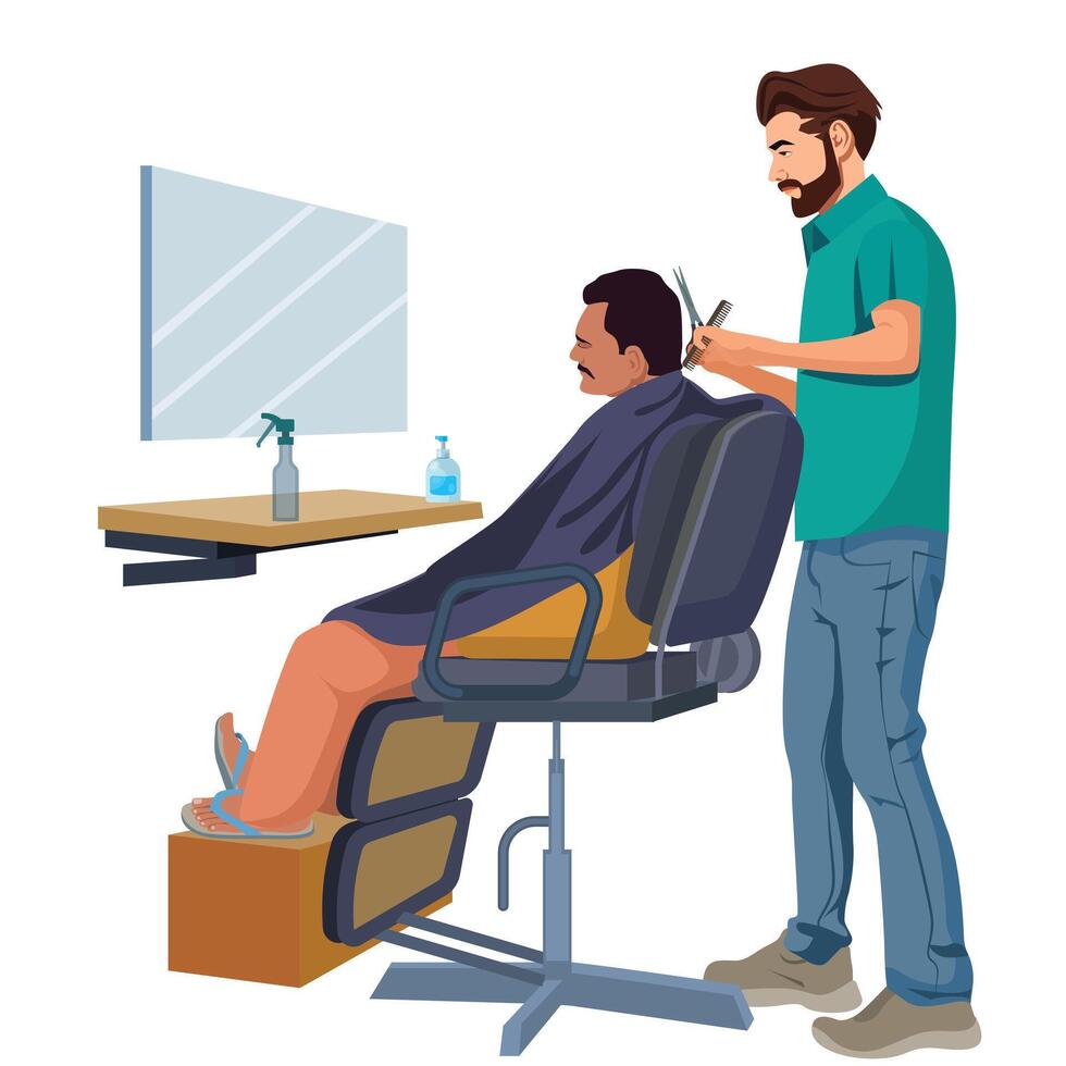 Barber doing haircut, combing man client in barbershop, Hair Cutting Men Salon vector