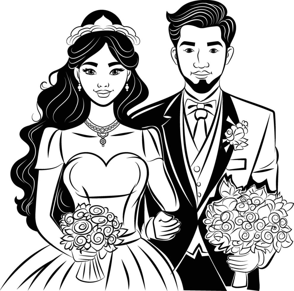 groom and bride character wedding invitation vector