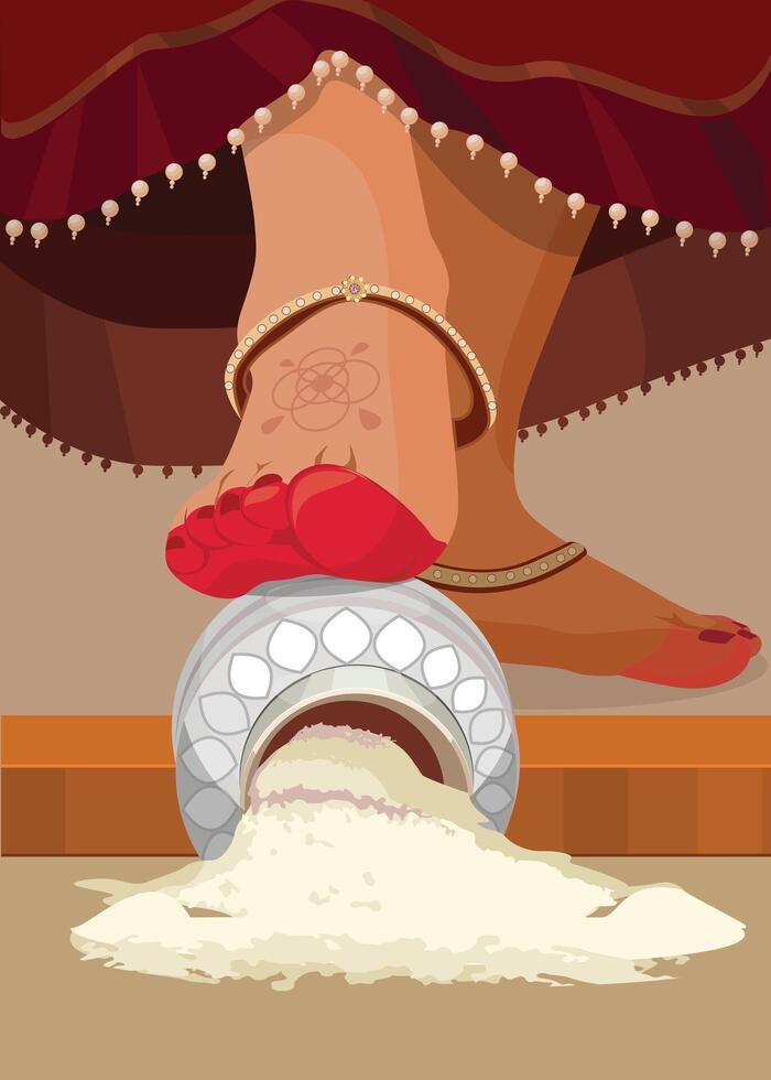 Indian Hindu bride pushes rice pot on entering house. Griha Pravesh ceremony, indian wedding vector