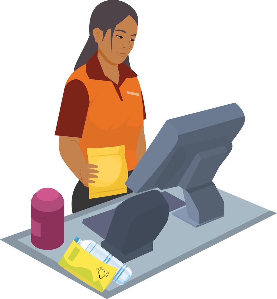 Woman girl at billing counter, supermarket checkout counter concept illustration vector