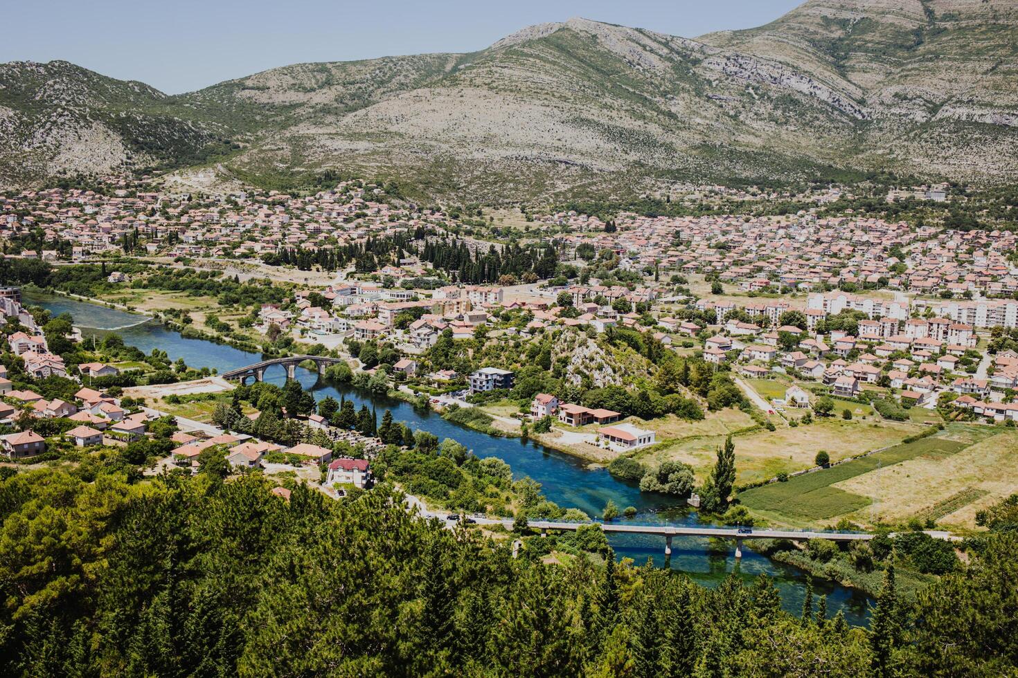 Amazing view of Trebinje city from the hill in a sunny day. Travel destination in Bosnia and Herzegovina. photo
