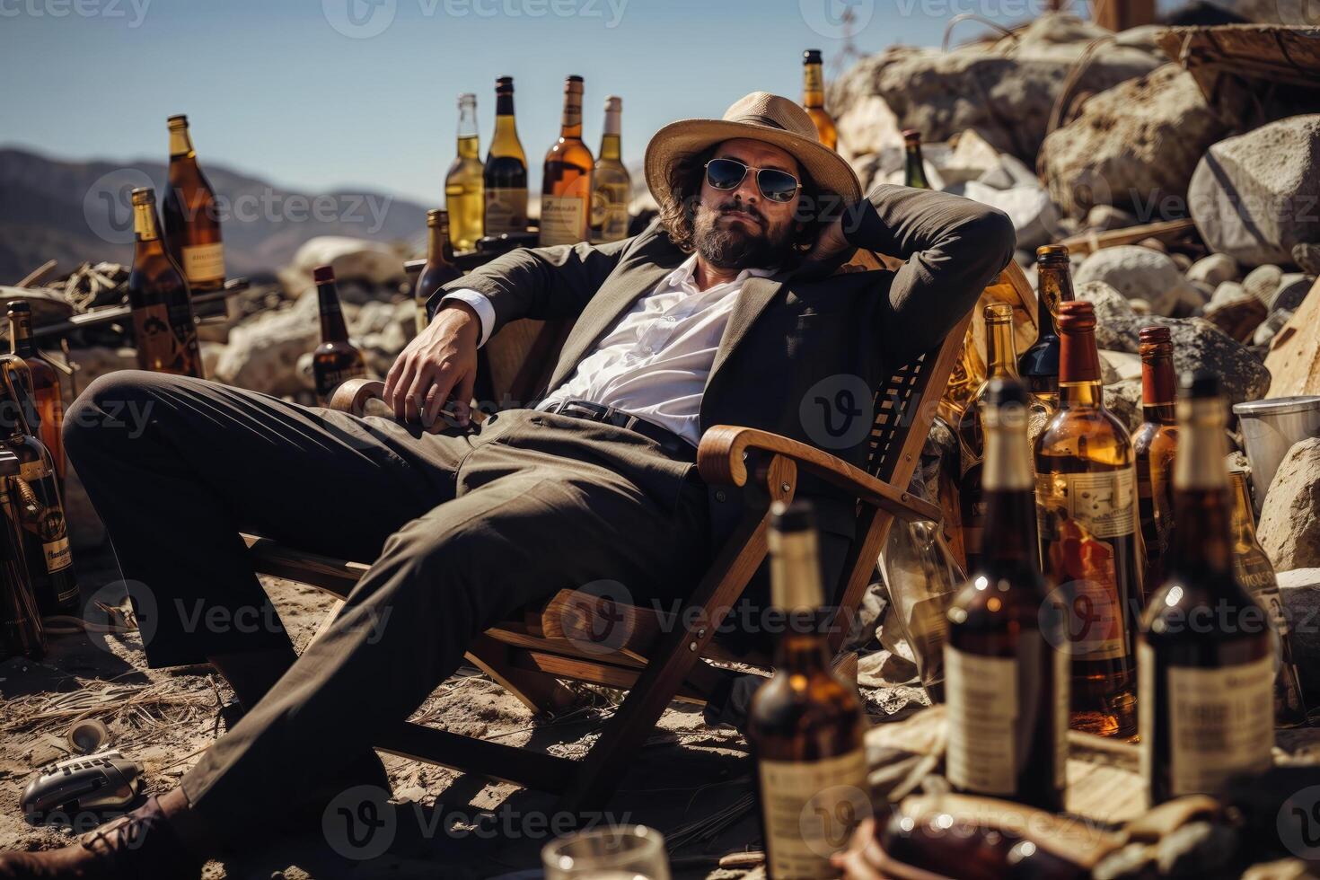 Stylish man in sunglasses lounging in a chair, encircled by empty bottles in a desert setting photo
