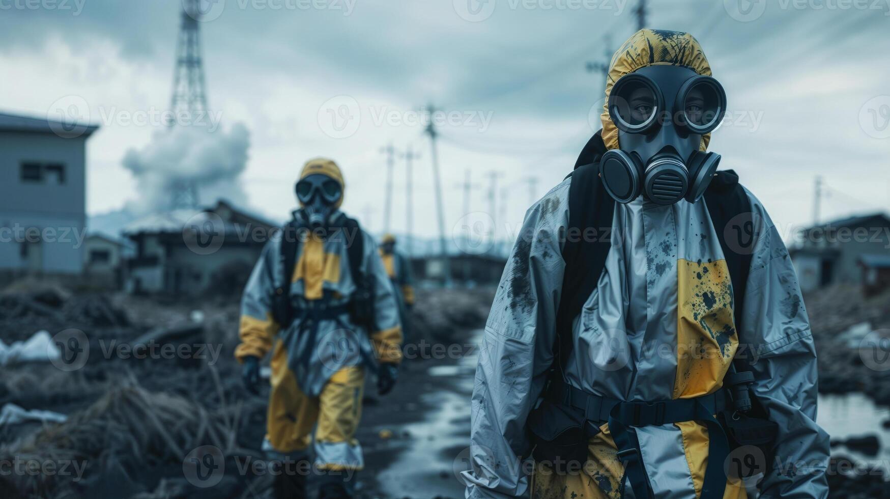 Postapocalyptic survival scene with hazmat suits photo