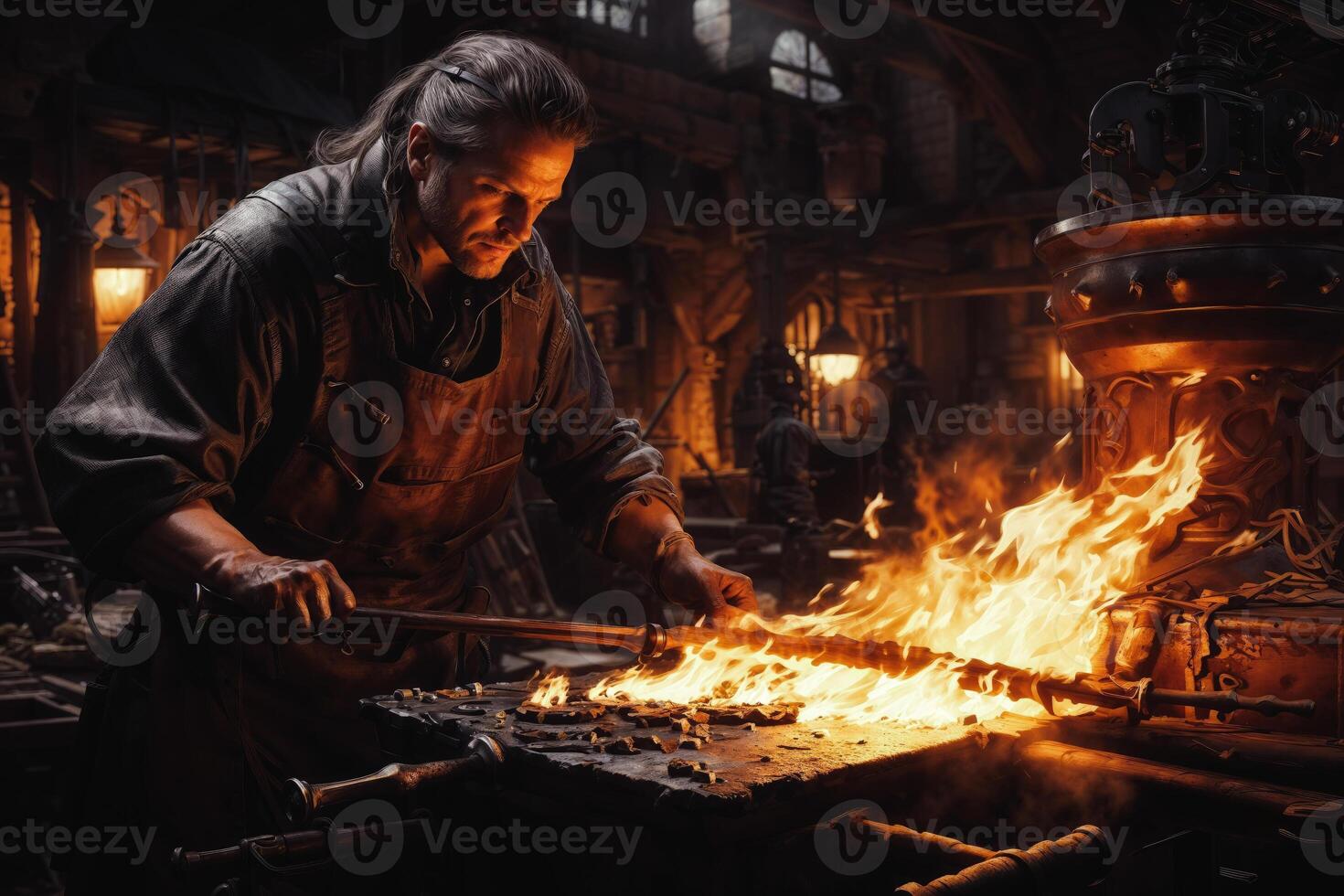 Skilled medieval artisan blacksmith heats iron on an open forge flame in a historical workshop setting. photo